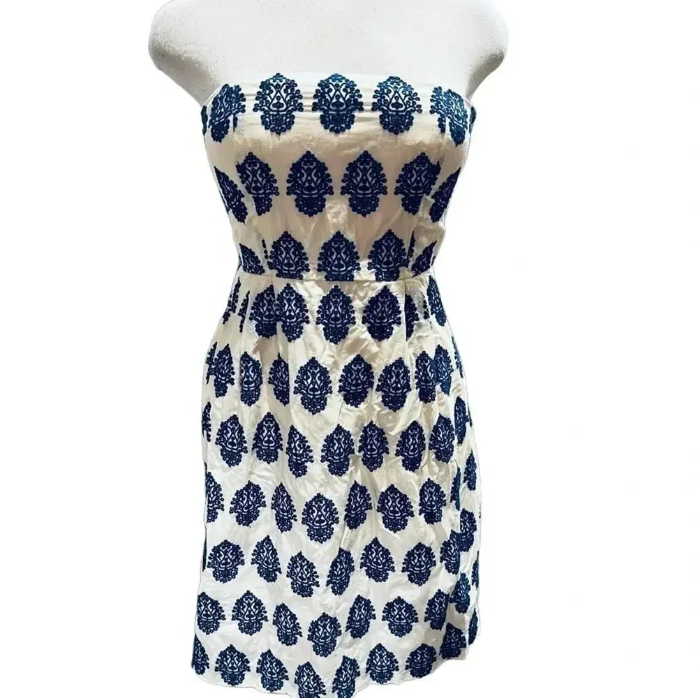 J. CREW FILIGREE-EMBROIDERED-STRAPLESS BEACH DRESS IVORY/BLUE SIZE 2